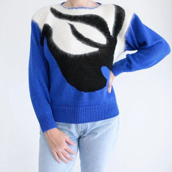 Vintage Franco  Valeru Blue Cream Black Knit Crew Neck Sweater Size Small - Picture 2 of 11